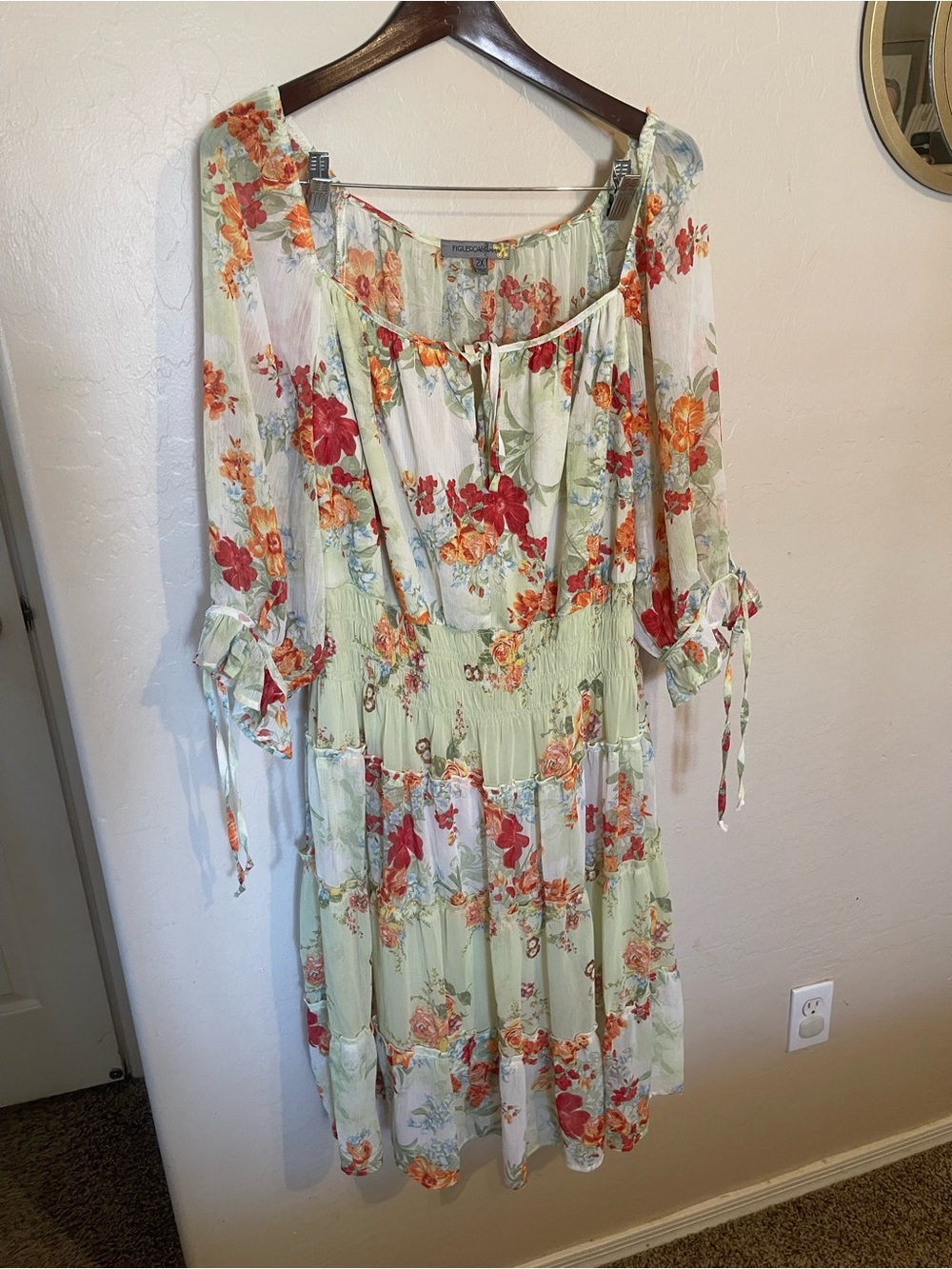 Floral Tiered Peasant Dress in Mint and Red